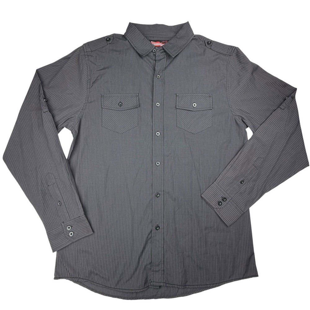 No Retreat Men's L Black Purple Pinstripe Long Sleeve Utility Button Up Shirt
